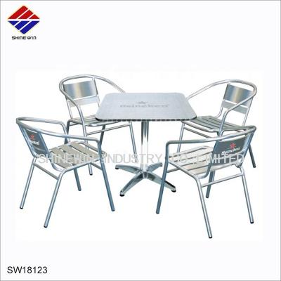 China Stainless Steel Modern Square Outdoor Dining Table with Aluminum Stacking Chair for Leisure Restaurant Hotel Beer Beach Cafe Cafe for sale