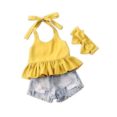 China Other Outfits 2pcs Baby Yellow Halter Top With Denm Shorts Suit 2pcs Summer Kids Dress Set for sale