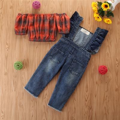 China New Arrival Kids Clothing Toddler Girls Casual Plaid Off Shoulder Crop Tops Shirts+denim Overalls 2 Piece Sets for sale