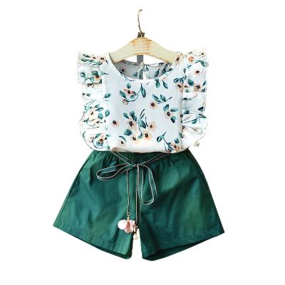 China Other Girls Summer Fashion Lace Print Tops And Baby Casual Loose Solid Color Shorts 2 Piece Set for sale