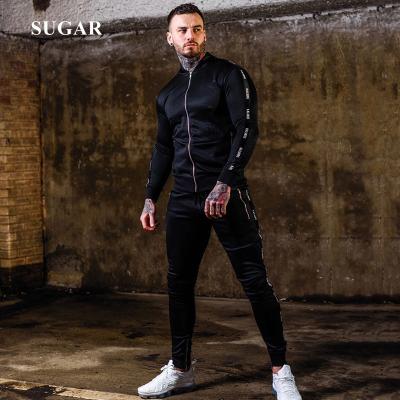 China 2022 Fitness Two Pieces Sweat Suits Logo Men Tracksuit Zipper Stripe Custom Gym Mens Sweatshirt Jacket+pants Breathable Set Jackets for sale