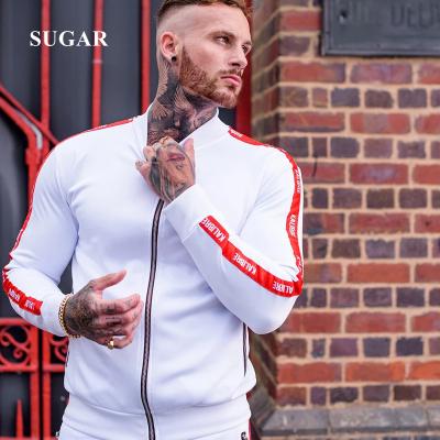 China High Quality Custom Gym Men's Breathable Sweatshirt Jacket+pants Set Zipper Two Piece Stripe Tracksuit Men Fitness Sweat Suits for sale