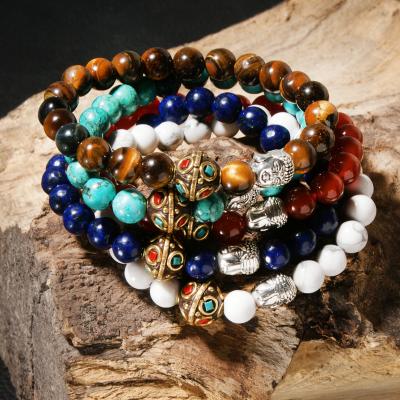 China Natural Stone 8MM Ethnic Tiger Eye Nepal Factory Price Wholesale Amazonite Buddha Men's Bracelets Yoga Stretch FASHIONABLE Bangle For Women for sale