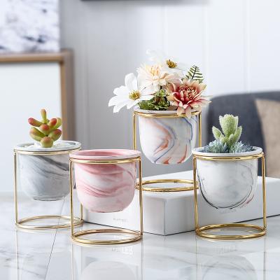 China Marble Pot Nordic Europe Amazon Style Flower Plant Succulent Pots With Gold Iron Frame for sale