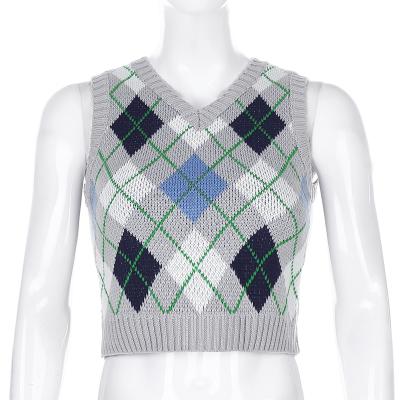 China fashion Streetwear V-neck Argyle Plaid Cropped Sweater Vest Autumn Casual Sleeveless Tank Knitted Jumper Women Anti-wrinkle for sale