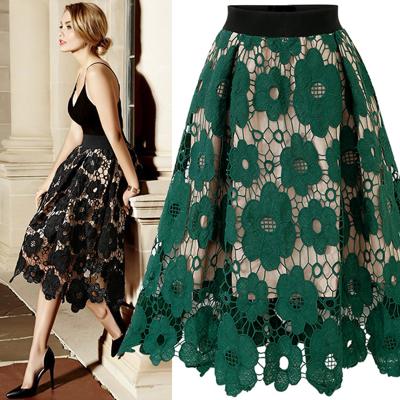 China European Vintage Skirts Jupe Tulle Femme Hollow Out Black Green Midi Style Boho Lace Skirt Summer Breathable Women High Waist for sale