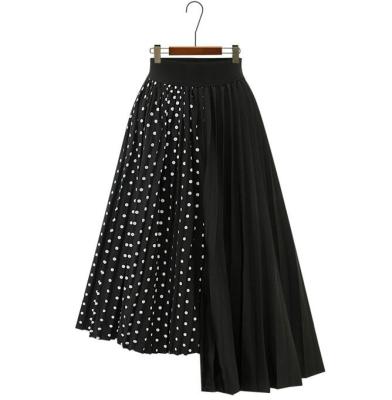 China Breathable Fashion Spliced ​​Polka Dot Skirt Women Irregular Midi Plus Size Faldas Largas Mujer Pleated Edge Skirt Black White Female for sale