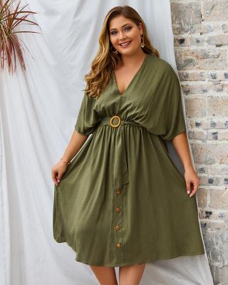 China Anti-Wrinkle Plus Size 2021 Women's V-Neck Batwing Wing Sleeve Solid Midi Button Dress Loose Oversized Ladies Long Dress for sale