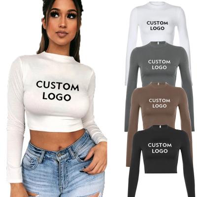 China HG65 Anti-Wrinkle Sexy Basic Short T-shirts White Club Women Female Shirts 2021 Spring Long Sleeve Crop Top Tees With Custom Logo for sale