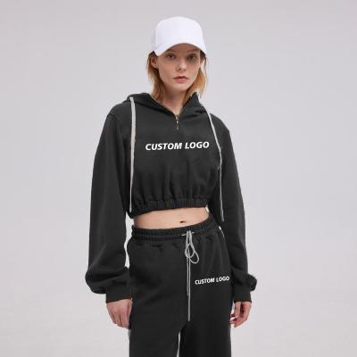 China QUICK DRY Custom Women's Black Blank Tracksuit 1/2 Zipper Pullover Cropped Hoodie Half Zip Up Mix Fleece Crop Hoodie Top Set for sale