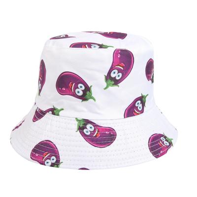 China 2021 Wholesale Fashion Factory Cartoon Pattern Eggplant 100% Digital Printing Fluffy Kids Bucket Hats for sale