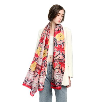 China Fashion Blossom Design Women's Rectangle 180X90cm Long Japanese Style Flower Stamen Printing Silk Shawl Print for sale