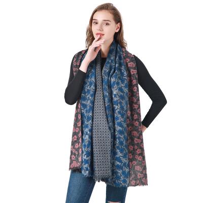 China New product in 2021 180X70cm plush cashmere pungent warm scarf two color flower print design winter thick ladies for sale