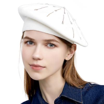 China 2021 Image Newcomers Fashion Women Casual Artist Hat Solid Diamond Beaded Beret Hat for sale