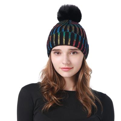 China 2021 Image Newcomers Fashion Women Artist Soft Warm Casual Hat Shiny Glitter Fur Pompom Knitted Beanie Hat for sale