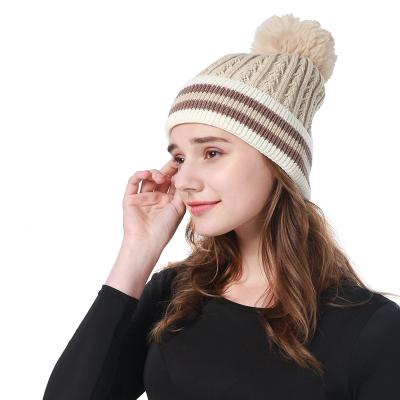 China 2021 Image Newcomers Fashion Women Artist Soft Warm Casual Hat Fur Pompom Color Patchwork Knitted Beanie Hat for sale