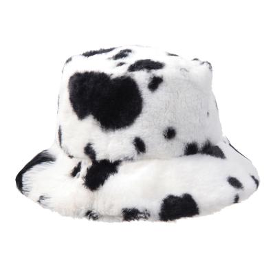 China 2021 WOZO Plush New Arrivals Fashion Women Casual Winter Fisherman Hat Cow Printed Warm Soft Fur Bucket Hat for sale