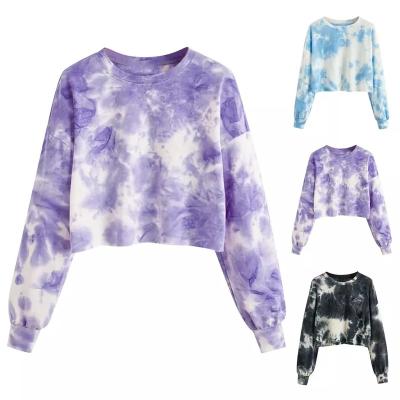 China Anti-wrinkle OEM 100% cotton tie dye women grow hoodie top o-neck long sleeve drop shoulder sweatshirts for women for sale