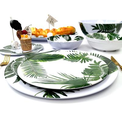 China Stocked hylaea green leaf design natural milamine hammered dishes with melamine dinner ware dishes for sale