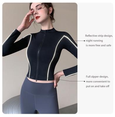 China Custom Logo Women's Reflective Yoga Clothing Jacket Breathable Tight Slim Fit Double Zipper Jacket Sports Fitness Long Sleeve Running Top for sale