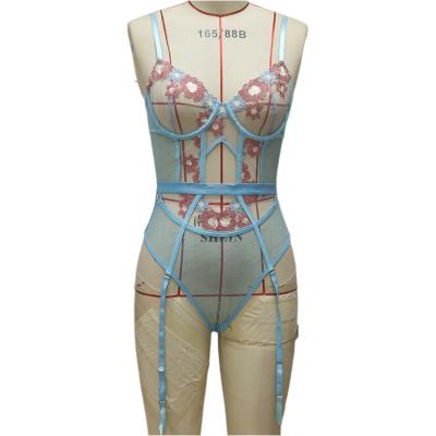 China Sexy lingere seductive shape hot mature female blue embroidered tight and comfortable underwear jumpsuit pattern panties for sale