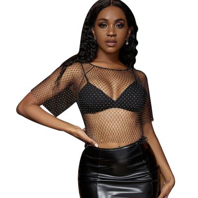 China Women's Breathable Mesh Round Neck Rhinestone Studded Bandeau Dress Lingerie Set for sale