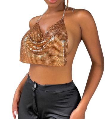 China New Metal Mesh Top Backless Shinny Vest Anti-Static Sexy Halter Tank Top Women Body Jewelry Bikini Women Summer Top for sale