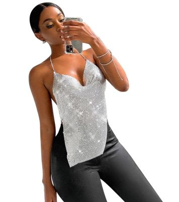 China Silver Sequined Tank Top Women Summer Metal Texture Suspender Club Bralette Backless Halter Top Shiny Stylish Anti-Static Beach for sale