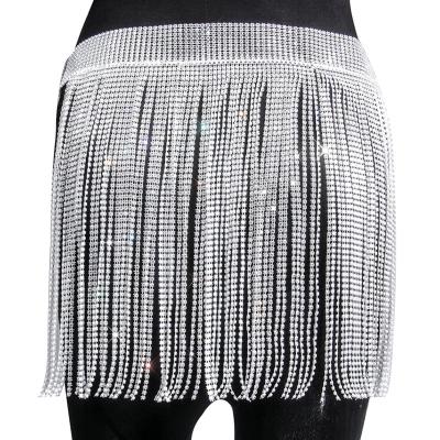 China Anti-Static Rhinestone Long Tassel Skirts Crystal Diamonds Loose Adjustable Sexy Gold Women Summer Beach Silver Bikini Mini Skirt for sale