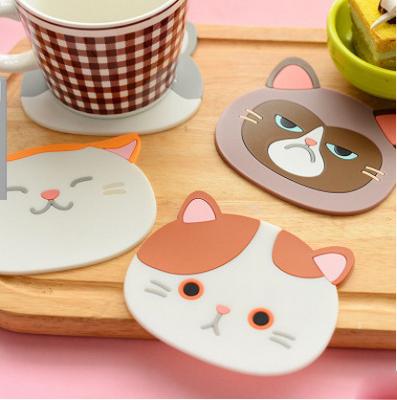 China 2018 Hot Cute Kitchen Stocked Dining Bar Table Decoration Anti Slip Pads Cup Mat Cartoon Cat Silicone Coaster for sale