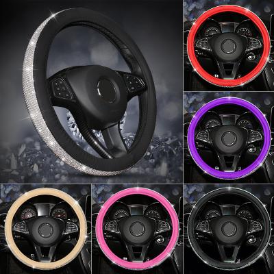 China Luxury Hot Sale 14 15 Inch Colors Girl Universal Bling Crystal Rhinestone Diamond Sexy Shiny PU Leather Car Steering Wheel Covers for sale