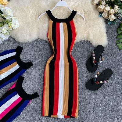 China A571 Europe Design Anti-Static Sexy Striped Bandage Knitted Halter Dress For Women Ladies for sale