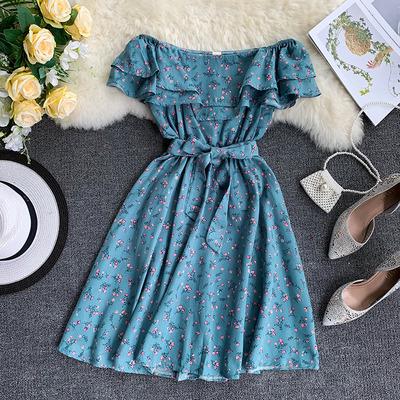 China Newest Beautiful Anti-Static Falbala A566 Floral Printed Ladies Off The Shoulder Dresses With Sashes for sale