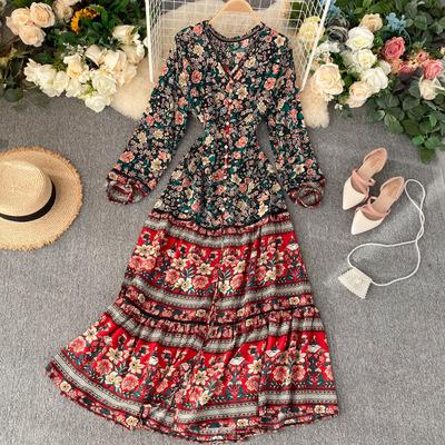 China A589 Latest Style Ethnic Anti-Static Retro Women Printed Bohemian Maxi Dress for sale