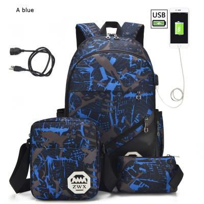 China With USB 2021 Hot 3pcs High School Bags Set For Boys School Backpack With USB Charger Schoolbag Set for sale