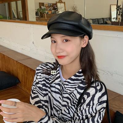 China Female Octagonal Cap Women's Beret Casual Beret Hat Wholesale Fashion Artist Hat Newsboy Pu Leather Women's Beret Image Customization for sale