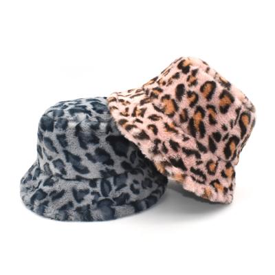 China Image fashion leopard pattern winter adjustable warm plush fuzzy fisherman bucket hat for woman for sale