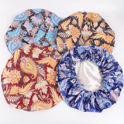 China Designers Comfortable Printed Custom Hoods and Silk Satin Hair Wraps Women Sleep Hat Nightcap Hair Bonnet Hoods for sale