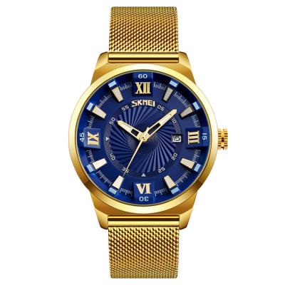 China Luxury Automatic Date SKMEI 9166 Stainless Steel Strap And Mesh Watch OEM Back Gold Quartz Watches Men for sale