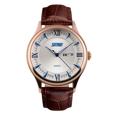 China Wholesale skmei 9091 day/date fashion luxury casual leather strap classic quartz watch for men for sale