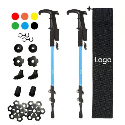 China Rising & New Design OEM PP Mountain Climbing Sponge T-Handle External Lock Telescopic Aluminum Walking Hiking Poles Trekking Poles Canes for sale