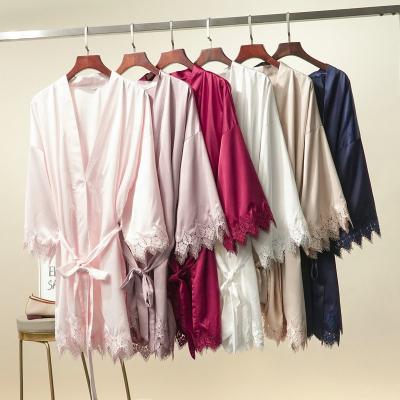 China Breathable Long Bridesmaid Robes Wedding Lace Satin Silk Long Robes For Woman Sleepwear Kimono Long Robe 6022 for sale