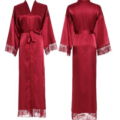 China Breathable HOT Satin Lace Long Robe Women Sleepwear Bathrobe Silk Home Robe for sale