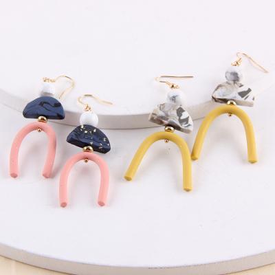 China Polymer Clay Woman Earring Fashion Jewelry Eco-friendly Modern Rhombic Double Handmade Earrings for sale