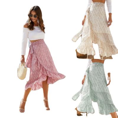 China Wholesale 2021 Summer Breathable Fashion Waist Bandage Wrap High Ruffles Floral Irregular Chiffon Skirts Women for sale