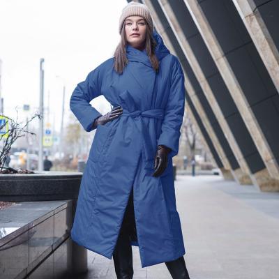 China Winter newcomers street style women subscriber fashion breathable hooded coat belt long cotton filling jacket for sale