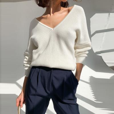 China Anti-pilling fall winter fashion ladies sleeving long knitted top women loose chunky v neck pullover sweater for sale