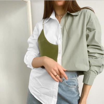 China Anti-pilling new arrival stylish trending 2021 PU contrast color products patchwork leather long sleeve shirts for women for sale