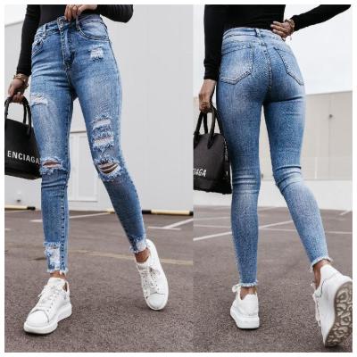 China Popular Women's Skinny Ripped Jeans Amazon Mid Rise Breathable Skinny Stretch Denim Jeans For Women for sale