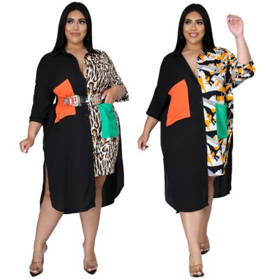 China Fashion Anti-Static Plus Size Women Clothing Long Sleeve Split Pockets Leopard Contrast Color Patchwork Plus Size Women Shirt Dress for sale